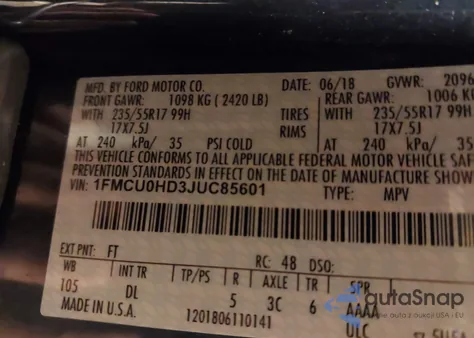 2018 Ford Escape Sel from USA, damaged, VIN 1FMCU0HD3JUC85601